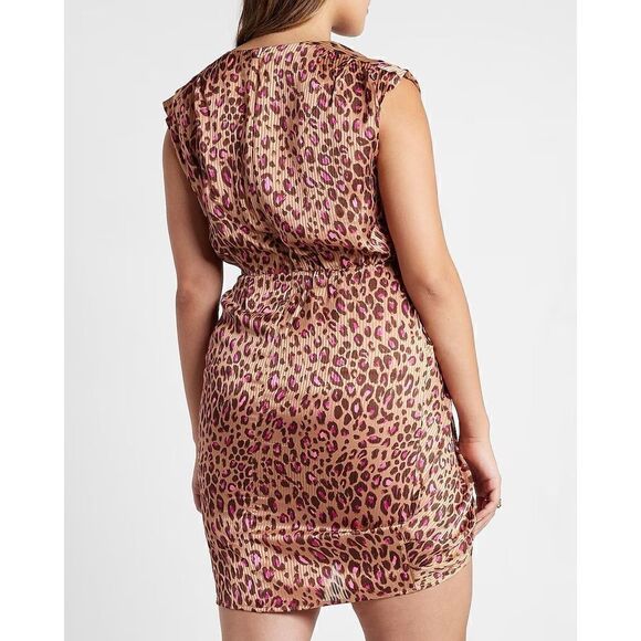 Express Small Leopard Print Draped Satin Mini Sheath Dress - Leopard print w/pin - Picture 15 of 16